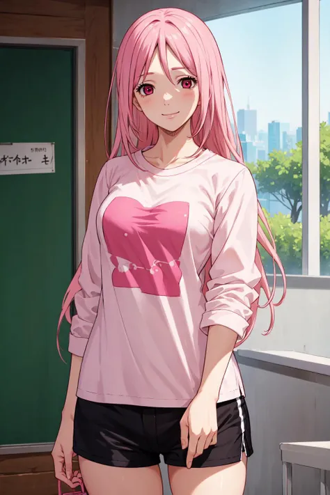 (((masterpiece))), MomoiSatsuki, 1girl, solo, looking at viewer, smile, blush, full body, pink hair, pink eyes, white shirt, full sleeve shirt, black short, shorts, shirt tug, classroom, <lora:MomoiSatsukiV1:0.7>