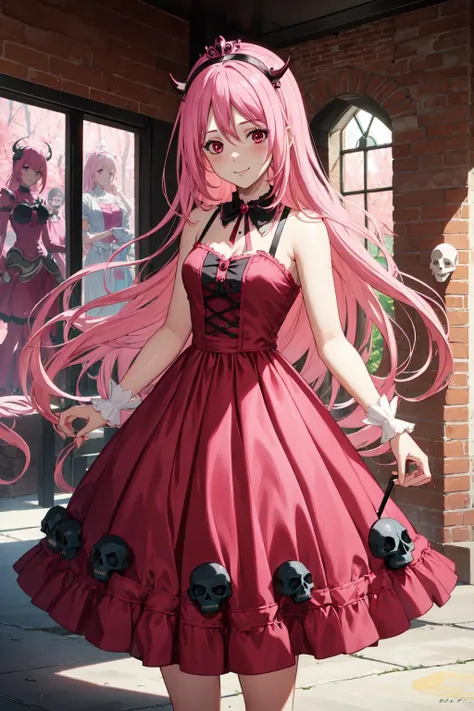 (((masterpiece))), MomoiSatsuki, 1girl, solo, looking at viewer, smile, blush, skulls, skull showcase, full body, pink hair, pink eyes, Halloween, indoor, ghost background, scary, sleeveless, princess wear, devil crown, red dress, <lora:MomoiSatsukiV1:0.7>
