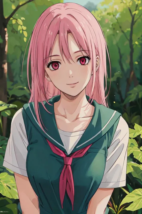 <lora:MomoiSatsuki:0.7>momoisatsuki,pink hair,pink eyes,school uniform,collarbone,long hair,
(best quality, masterpiece, RAW photo,ultra-detailed:1.2), <lyco:GoodHands-beta2:1.0>,1girl,solo,looking at viewer, smile, nature,