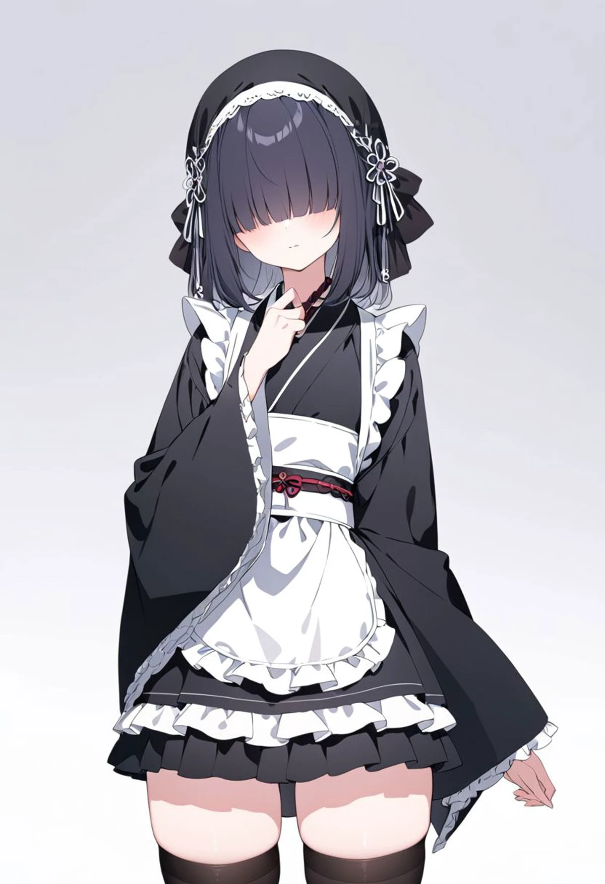masterpiece,ultra-detailed,best quality,,8K,illustration,simple background,girl,cowboy shot,cute face,hair over eyes, hair cover eyes,
<lora:add-detail-xl:1> <lora:wafuku gothic_XL_V1.0:0.6> jyojifuku,kimono, thighhighs,wide sleeves,frills,apron