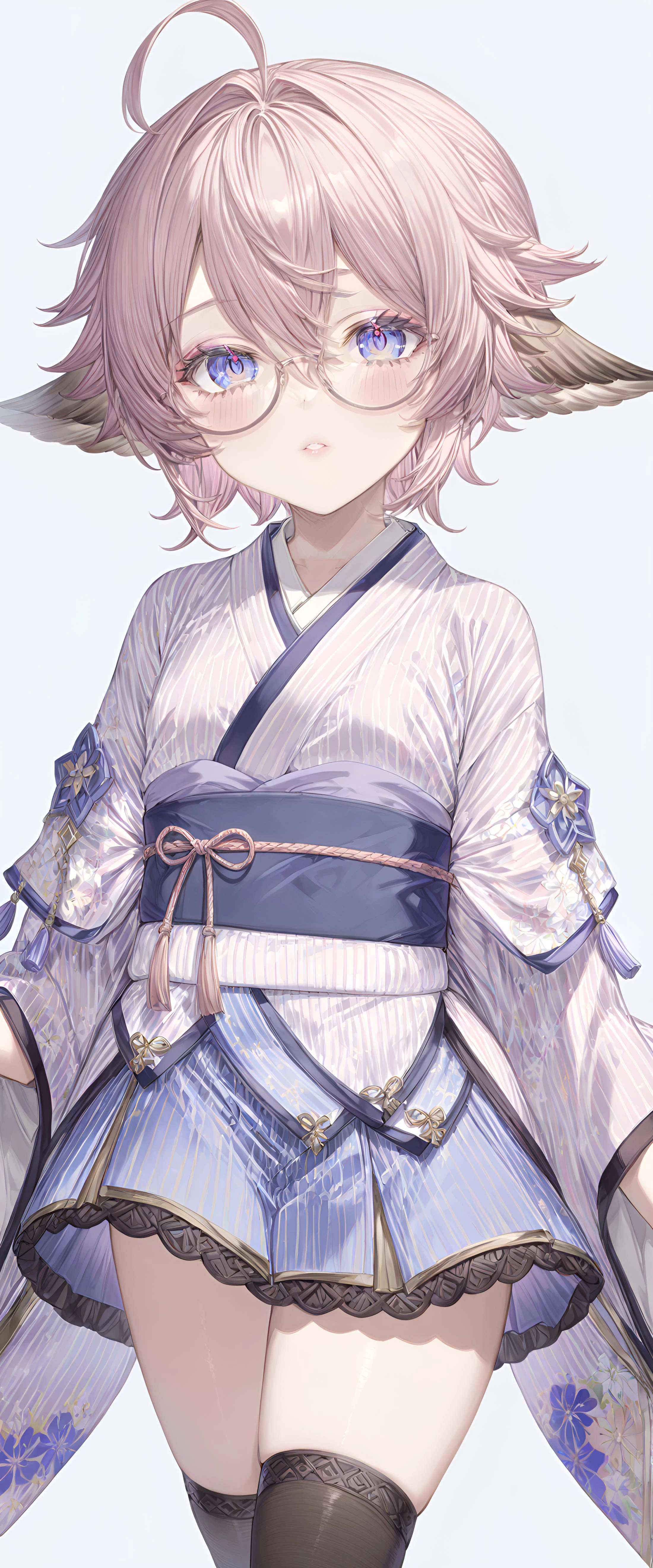(1girl),beautiful detailed eyes,GBF-WAMDUS, HARVIN, LIGHT PURPLE HAIR, BLUE EYES, PINK PUPILS, MEDIUM HAIR,,1girl,round_glasses22A,jyojifuku,kimono,skirt,thighhighs (simple simple_background:1.5),depth of field, masterpiece, best quality