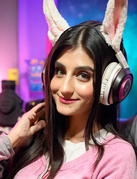 (photo of a gorgeous woman), (medium hair), (soft even lighting), (colorful room behind), ((wearing  japanese gamer clothes)), (rabbit ear headphones), happy look, detailed face, detailed eyes, ((close-up photo)), masterpiece, ((best quality)), (eye contact), looking at the viewer, centred, shot from front,  <lora:Payal_Gaming:0.9>