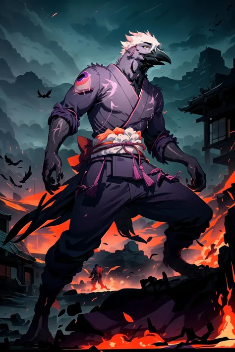 anthro corvid, (crow:1.5), beak, male, (kimono), action pose, fighting, angry, intense atmosphere, Asian tapestry, cut on head and blood going over one eye, on a battlefield surrounded by fire, <lora:Bloodstainai:1>