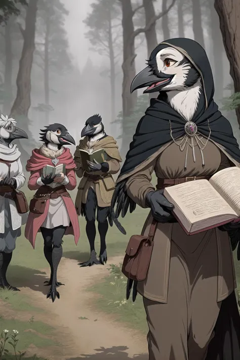 anthro (magpie), beak, female, cloak, in a forest, traveling with a caravan, ((group)), talking to a fellow traveler, holding a book, fantasy setting, close up, open mouth, medieval setting, bloodstainai, <lora:Bloodstainai:.6>