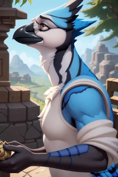 anthro avian corvid, (blue jay), beak, ((winged-arms)), furry, Close-up, D&D, fantasy, intricate, elegant, highly detailed, digital painting, artstation, concept art, matte, sharp focus, illustration, hearthstone, art by Artgerm and Greg Rutkowski and Alphonse Mucha