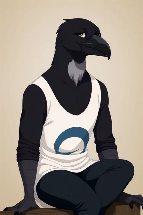 anthro avian corvid, (crow), beak, ((winged-arms)), dalmatian costume, anime style, restricted color pallet, sitting, looking at viewer, shy