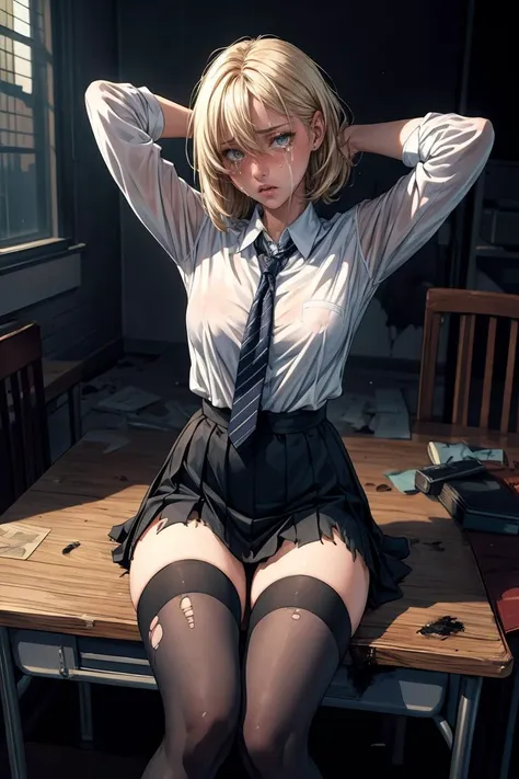 (masterpiece, best quality), 1girl, solo,sitting on a desk, beautiful face, blonde hair, torn clothes, torn legwear, dark school uniform, black thighhighs, moldy room, scared,crying, terrified face, itricate details, tied arms behind head, dark atmosphere, danger, <lora:add_detail:1>