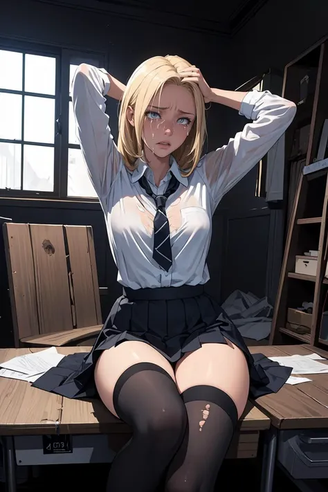 (masterpiece, best quality), 1girl, solo,sitting on a desk, beautiful face, blonde hair, torn clothes, torn legwear, dark school uniform, black thighhighs, moldy room, scared,crying, terrified face, itricate details, tied arms behind head, dark atmosphere, danger,