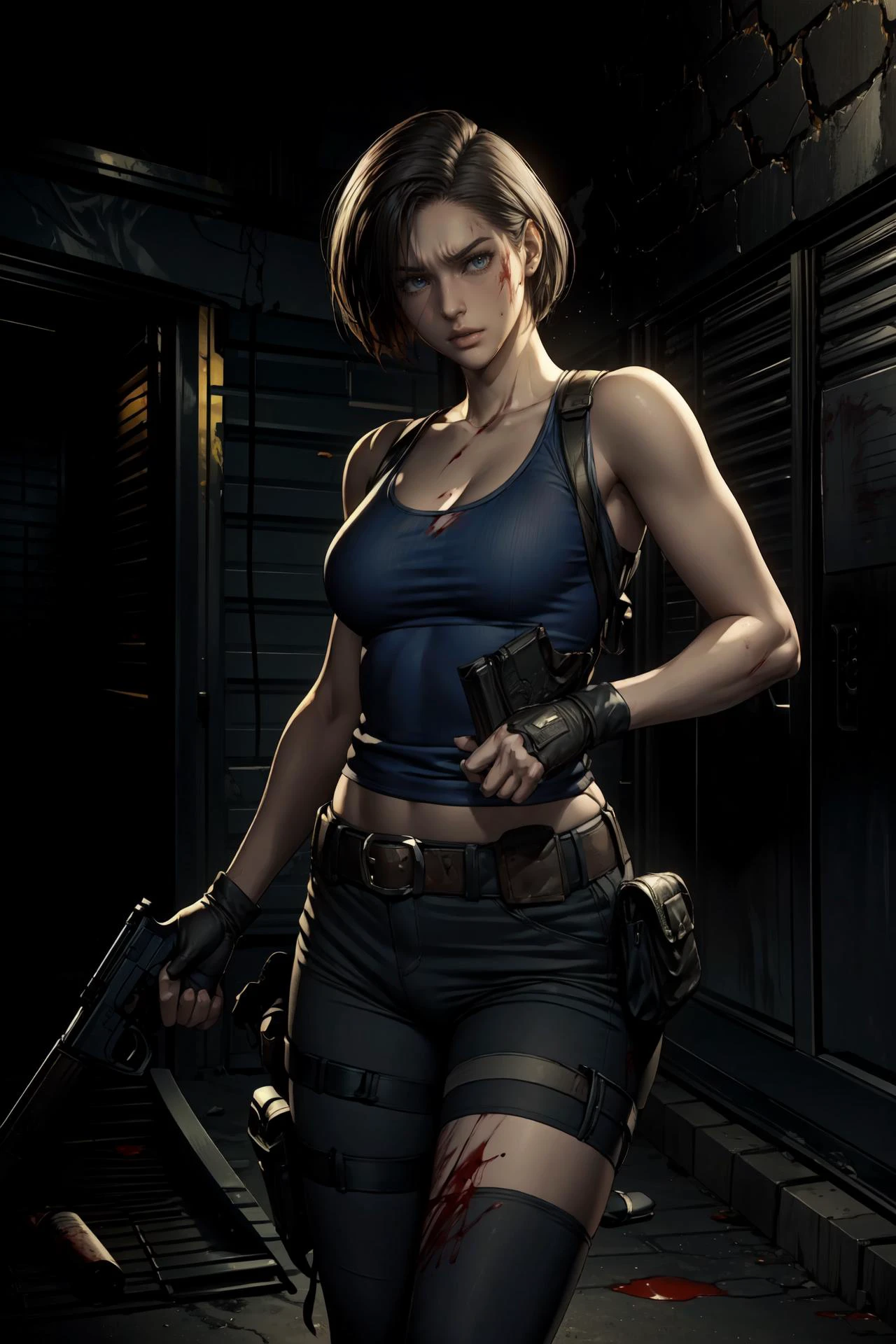 (masterpiece, best quality), photorealistic, official art, concept art, ,three_point_method,horror \(theme\), cowboy shot,
jillre3, Jill Valentine ,brown hair,v-shaped eyebrows, angry, tank top, pants, (black:1.2) fingerless glove, shoulder holster, belt, hoslter, thigh holster, cleavage, (blood, bloody splatter:1.1), storage room, destroyed storage room, blurry background, fighting stance, hands forward, holding fist, holding a gun, ready_to_fight, <lora:add_detail:1>, looking at viewer, <lora:nighttime_v1:1> <lora:JillRE3:1>