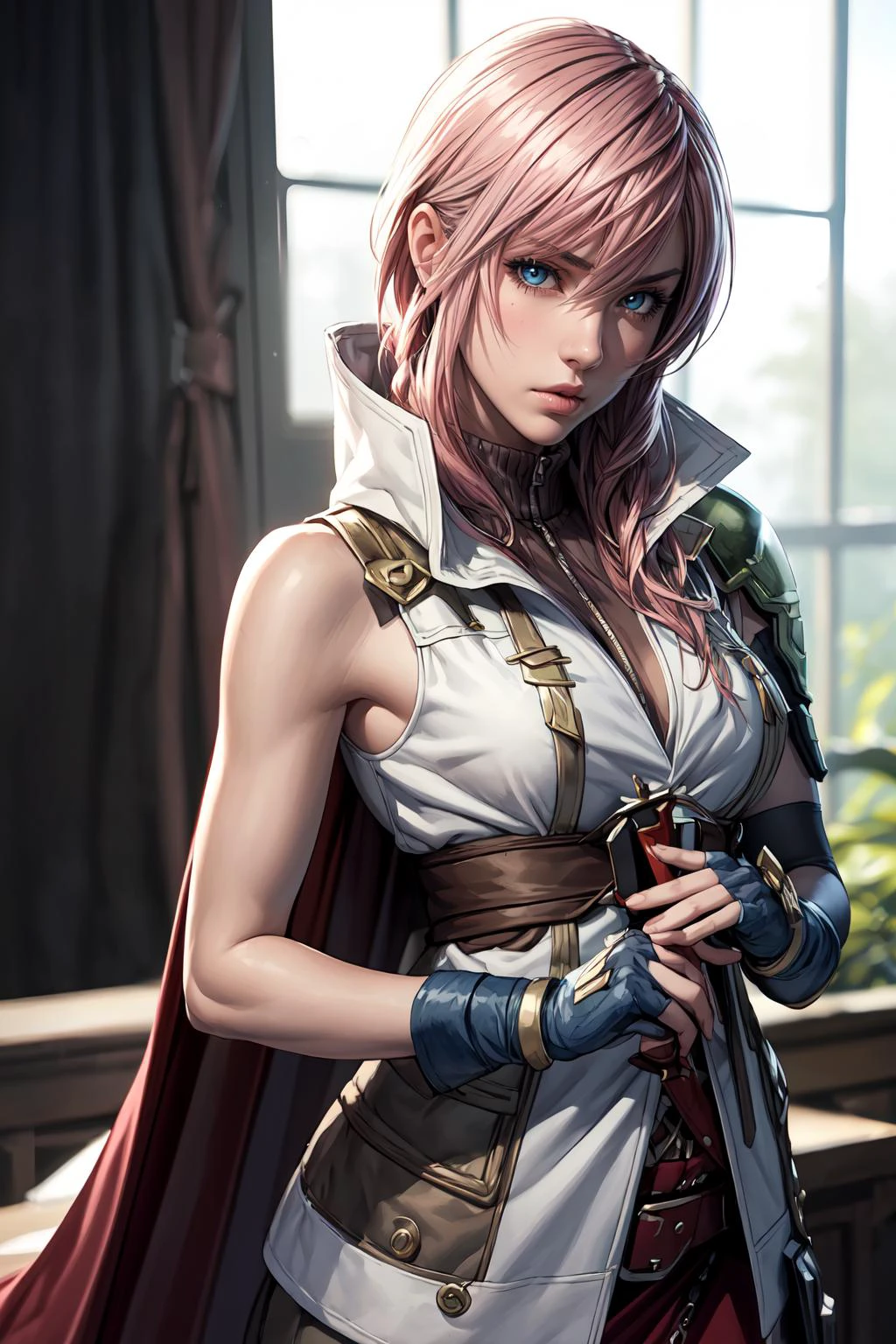 (masterpiece, best quality:1.2), (Planted Sword on Hand:1.2), 1girl, solo, lightning farron, sleeveless, shoulder armor, cape, skirt, fingerless gloves, (detailed face and eyes:1.3) <lora:ffxiii_lightning:0.9> <lora:add_detail:1>
