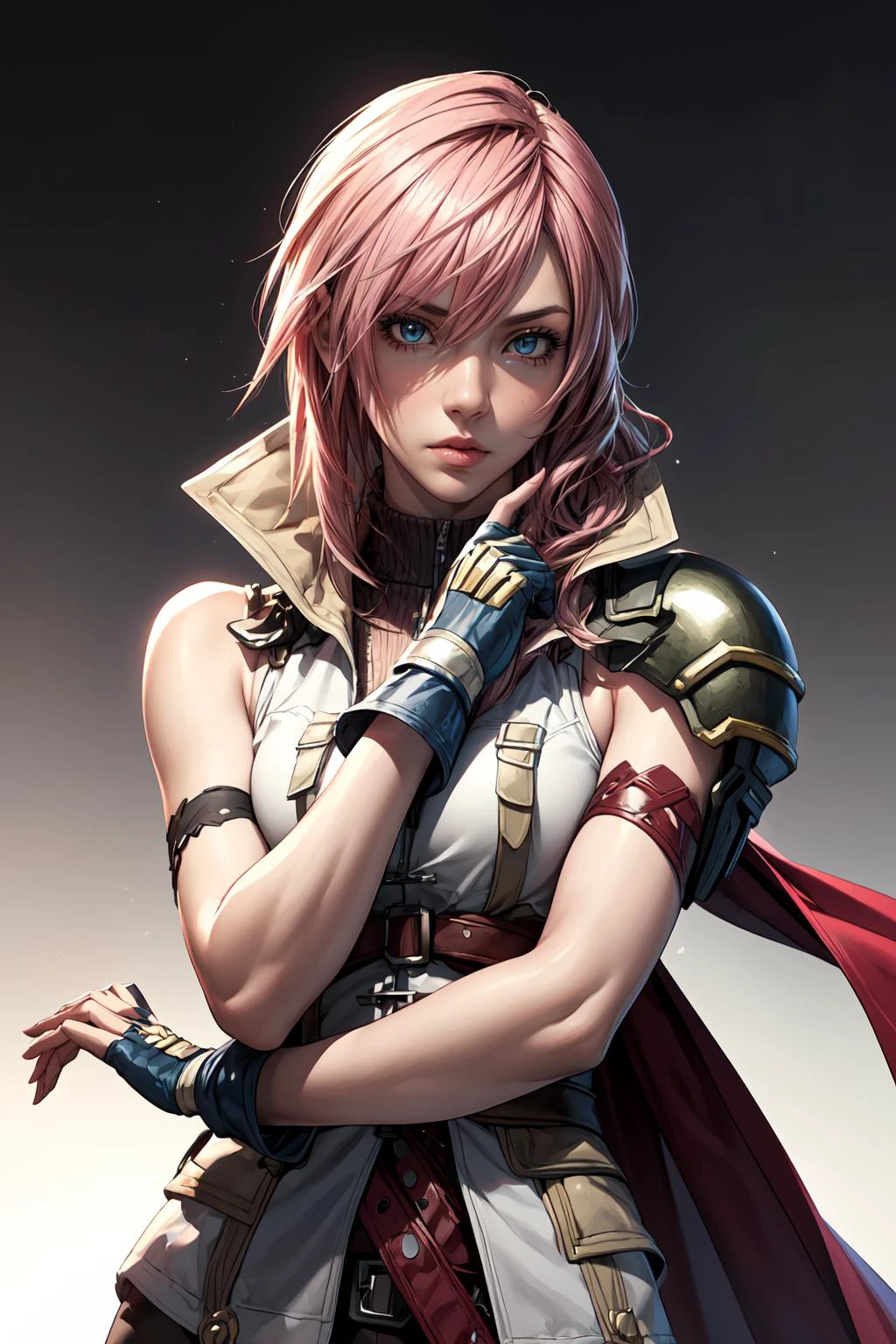 (masterpiece, best quality:1.2), (Planted Sword on Hand:1.2), 1girl, solo, lightning farron, sleeveless, shoulder armor, cape, skirt, fingerless gloves, (detailed face and eyes:1.3) <lora:ffxiii_lightning:0.9> <lora:add_detail:1> <lora:GoodHands-vanilla:1>