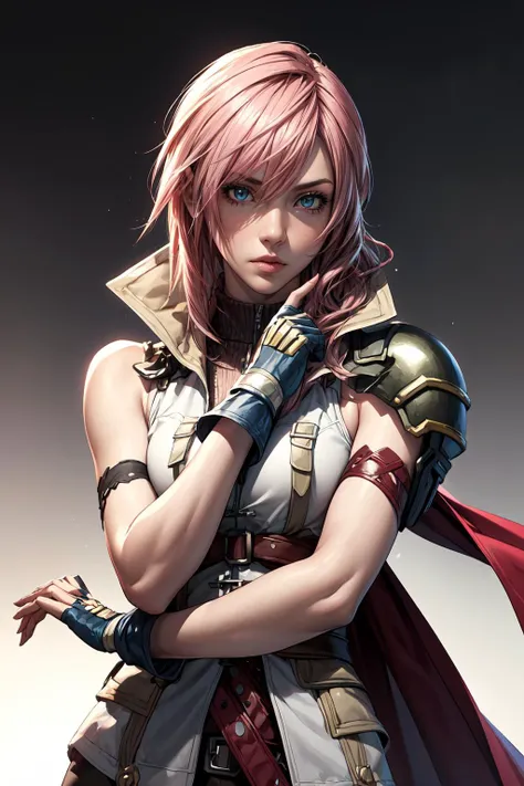 (masterpiece, best quality:1.2),  (Planted Sword on Hand:1.2), 1girl, solo, lightning farron, sleeveless, shoulder armor, cape, skirt, fingerless gloves, (detailed face and eyes:1.3) <lora:ffxiii_lightning:0.9> <lora:add_detail:1> <lora:GoodHands-vanilla:1>