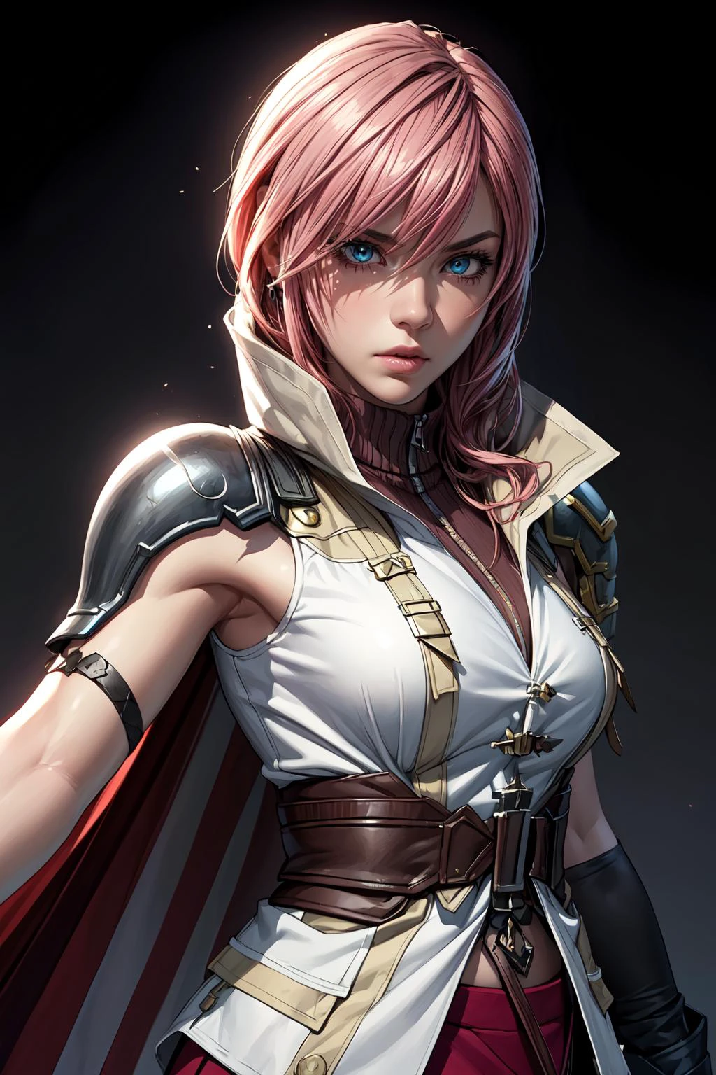 (masterpiece, best quality:1.2), (Planted Sword on Hand:1.2), 1girl, solo, lightning farron, sleeveless, shoulder armor, cape, skirt, fingerless gloves, (detailed face and eyes:1.3) <lora:ffxiii_lightning:0.8> <lora:add_detail:1>