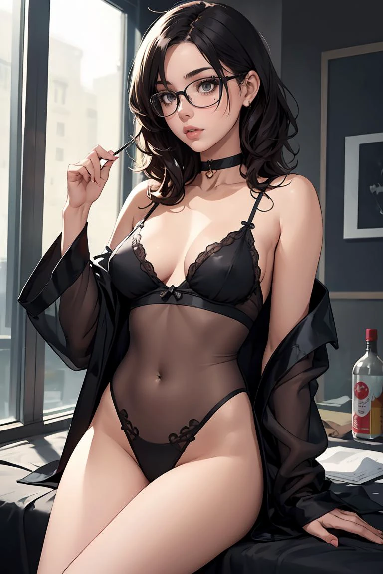 (masterpiece, best quality), 1girl, messy hair, choker, black silk pajamas, see-through, glasses,