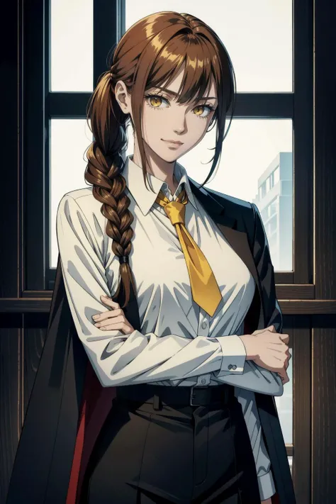 <lora:anime_screencap_v2:0.3> tall body, tall, long legs, mature female, mature, adult, <lora:GoodHands-beta2:1.4>, <lora:eft_makima-02:0.8>, EFT_Makima, 1girl, makima (chainsaw man), solo, ringed eyes, braid, looking at viewer, smile, (yellow eyes:1.2), red hair, braided ponytail, window, sidelocks, bangs, formal, shirt, collared shirt, suit, coat, black jacket, long hair, long sleeves, jacket, black coat, medium hair, business suit, upper body, light smile, white shirt