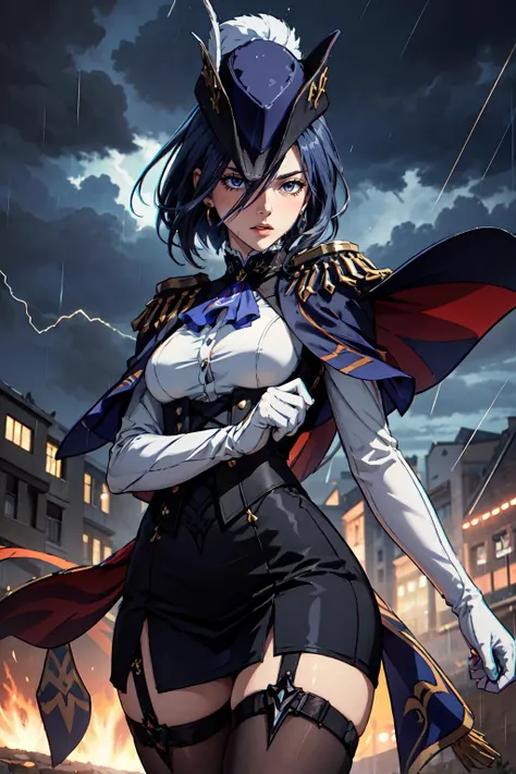 masterpiece, best quality, (closeup shot:1.2), (raining, storm:1.2), 1girl, medium breasts, leaning toward viewer, looking at viewer, mouth open, showing cleavages,
1girl, clorinde \(genshin impact\), tricorne, black pantyhose, earrings, blue cape, white gloves, pencil skirt, white shirt, thigh strap, underbust, ascot, black jacket, depth of field, cowboy shot, electricity, combat pose, incoming attack, glaring, <lora:Char-Genshin-Clorinde-v2:0.7>