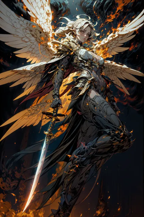 (masterpiece, best quality:1.3), 90's, (flat colors, flat texture, lineart:1.2), graphical design, (heavy ink, ink blacks), eyeliner, eyeshadow, eyelashes, extremely high detailed, wearing ornate cloak, (white cloak:1.4), 8k, HDR, wallpaper, cinematic lighting, (universe), ), glowing eyes, <lora:Samuraibot:0.8>, <lora:add_detail:1>, huge breasts, <lora:angel_20231206093915:0.8>, angel,Super powerful flame angel flies out of the clouds, behind him is golden meteor magic surrounding his body, Gothic style, gorgeous golden armor, huge flame great sword, rich background, sword art background, film shooting, depth of field, Super visual, Super visual , (exposed shouldersbare shoulders:1.1)Flamboyant armourAngel wings. Huge angel wings