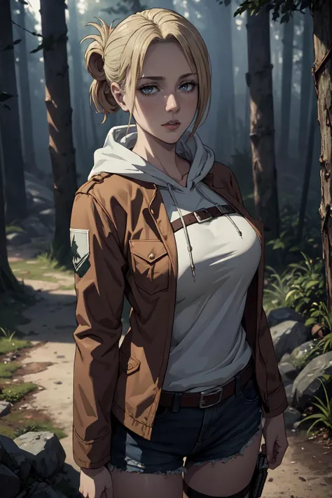 masterpiece, best quality, ultra-detailed, annie_leonhardt, 1girl, milf, mature face, thick, solo, long sleeves, jacket, open clothes, hood, open jacket, hoodie, hood down, brown jacket, white hoodie, paradis military uniform, forest background, volumetric lighting, intricate details, tonemapping, sharp focus, hyper detailed, trending on Artstation <lora:Annie:0.5>