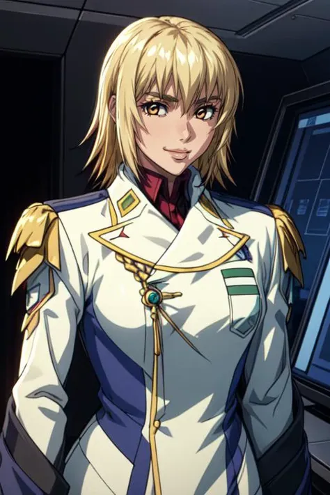 masterpiece, best quality, 1girl, cagalli, blonde hair, brown eyes, commander, epaulettes, military uniform, smile, solo, upper body, looking at viewer, futuristic control room background <lora:CagalliYula:0.8>