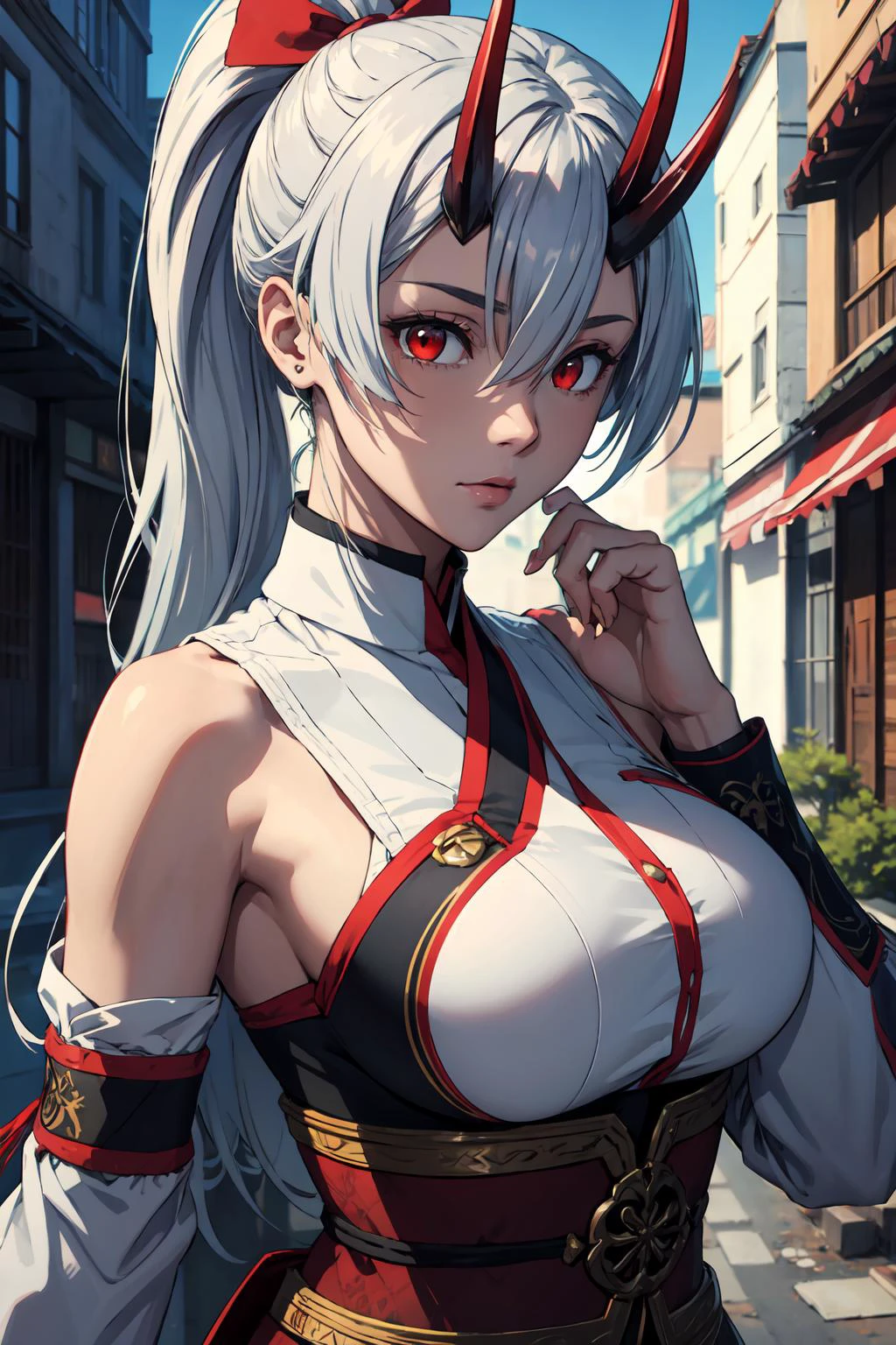 tomoegozen, <lora:tomoegozentest:1>, tomoe gozen, hair between eyes, hair ribbon, headband, long hair, ponytail, (red eyes:1.5), red ribbon, ribbon, light blue hair, BREAK armor, hair between eyes, horns, japanese armor, kote, kusazuri, naginata, oni horns, red horns, shirt, sideboob, sleeveless, sleeveless shirt, white headband, white shirt, BREAK looking at viewer, BREAK outdoors, city, BREAK <lora:GoodHands-vanilla:1>, (masterpiece:1.2), best quality, high resolution, unity 8k wallpaper, (illustration:0.8), (beautiful detailed eyes:1.6), extremely detailed face, perfect lighting, extremely detailed CG, (perfect hands, perfect anatomy),
