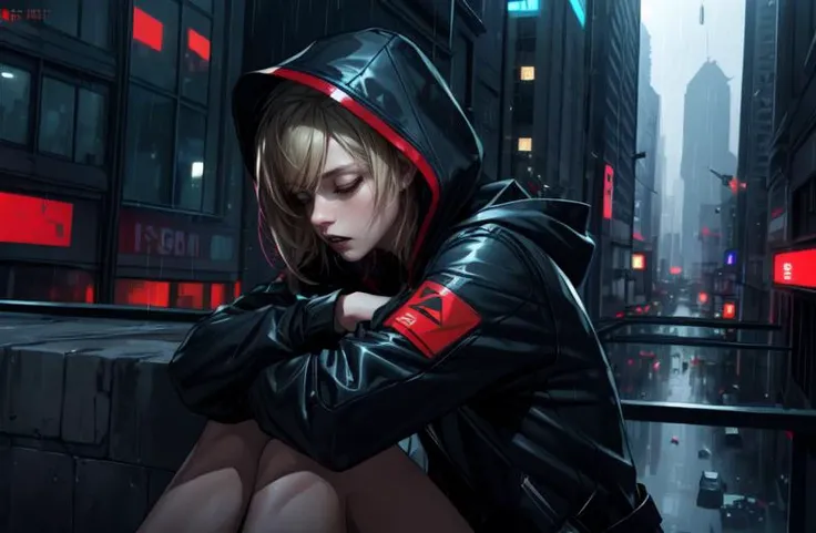 Girl, solo, ((best quality)), (highly detailed:1.2), masterpiece, ((official art)), detailed face, (Abstract art:1.4), torn black trench:1.1, portrait, sharp teeth, black hood, short blond hair, (Girl holding pistol:1.2), ((Girl vounded, bleading)), ((Girl tired, falling asleep)), rain, blured, Mirrors' Edge night city rooftop background, sitting on edge, mirrors's edge inspired, cyber patricles in air:1.2, <lora:ghostdom_20230621222536-000016:0.5> <lora:more_details:0.8>