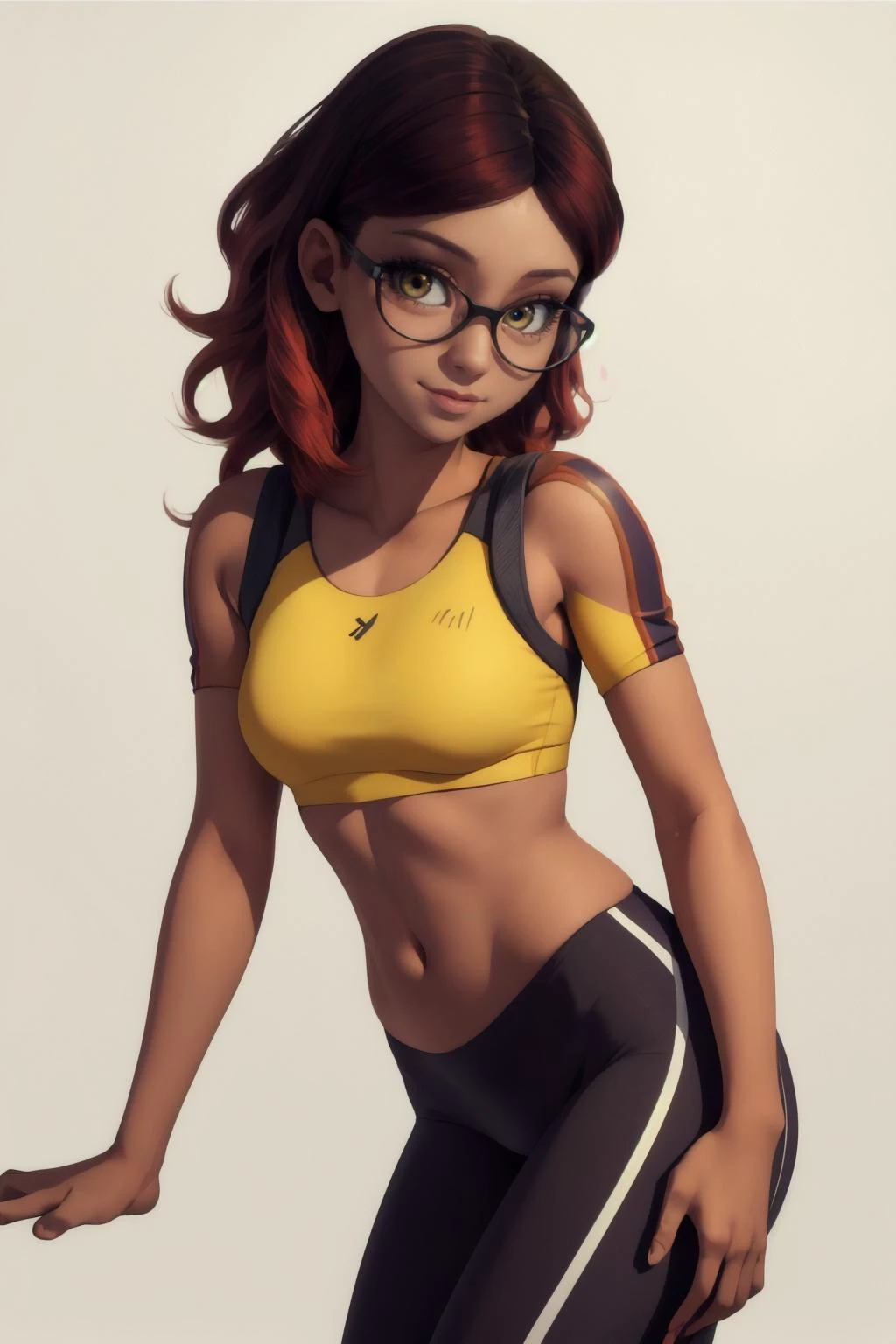 masterpiece, best quality, ((simple color background)), looking at viewer, solo, 1girl, smile, detailed eyes and face, <lora:alya:0.5> dark-skinned, glasses, yellow eyes, crop top, thicc, yoga pants, small breasts,