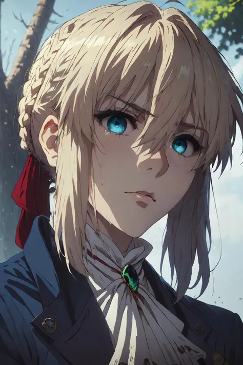 violet evergarden <lora:violet_evergarden_offset:1>, masterpiece, best quality, 1girl, solo, blonde hair, blue eyes, hair between eyes, looking at viewer, ribbon, red ribbon, braid, hair ribbon, jacket, blue jacket, jewelry, bangs, outdoors, brooch, hair intakes, anime coloring, ascot, blurry background, blurry, white ascot, tree, closed mouth, portrait, daygrass