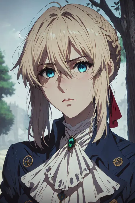 violet evergarden <lora:violet_evergarden_offset:1>, masterpiece, best quality, 1girl, solo, blonde hair, blue eyes, hair between eyes, looking at viewer, ribbon, red ribbon, braid, hair ribbon, jacket, blue jacket, jewelry, bangs, outdoors, brooch, hair intakes, anime coloring, ascot, blurry background, blurry, white ascot, tree, closed mouth, portrait, daygrass