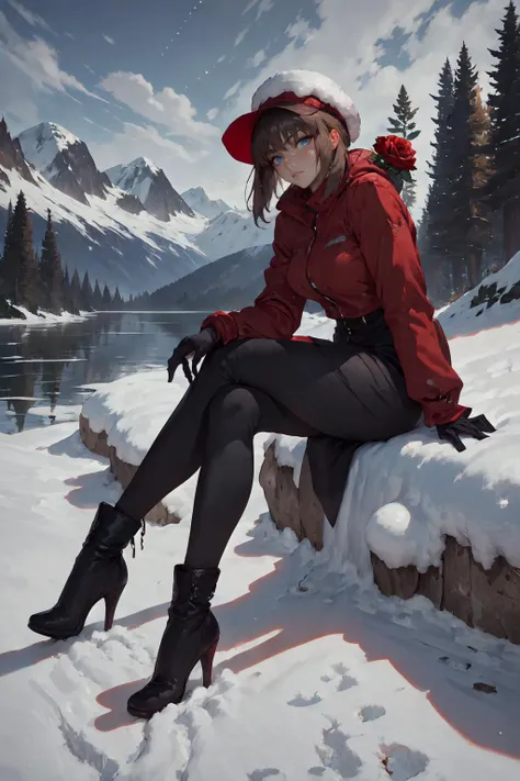 masterpiece,best quality,1girl,solo,winter,snow field,blue eyes,blunt bangs,brown hair,fruit,full body,hat,looking at viewer,red flower,red rose,rose,sitting,solo,sky,sun,mountain,forest,lake,