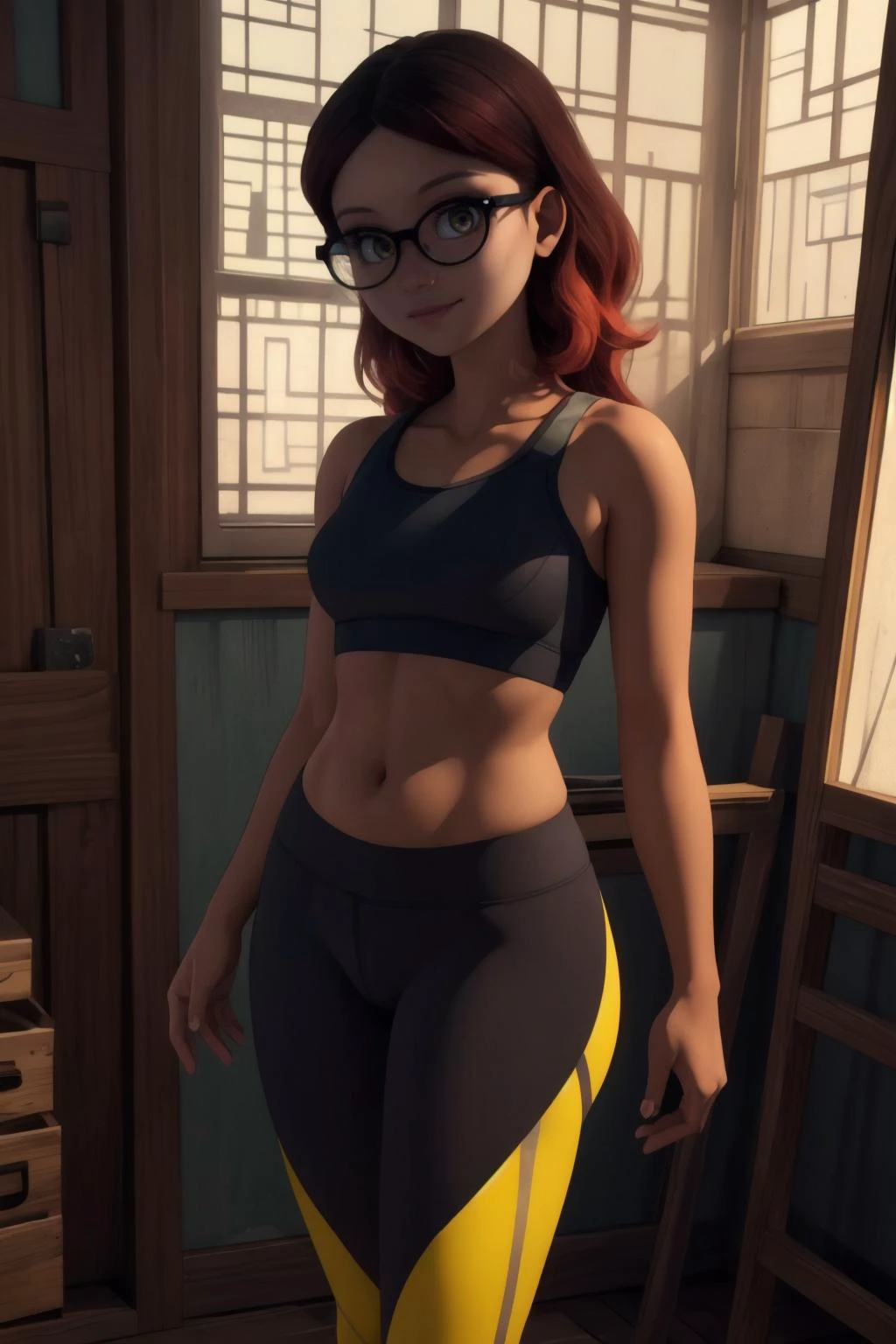 masterpiece, best quality, cinematic, film grain, looking at viewer, solo, 1girl, smile, detailed eyes and face, <lora:alya:0.5> dark-skinned, glasses, yellow eyes, crop top, thicc, yoga pants, small breasts,