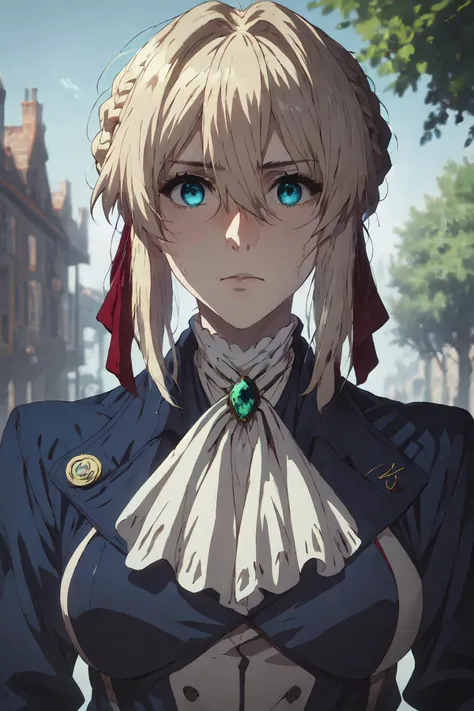 violet evergarden <lora:violet_evergarden_offset:1>, masterpiece, best quality, 1girl, solo, blonde hair, blue eyes, hair between eyes, looking at viewer, ribbon, red ribbon, braid, hair ribbon, jacket, blue jacket, jewelry, bangs, outdoors, brooch, hair intakes, anime coloring, ascot, blurry background, blurry, white ascot, tree, closed mouth, portrait, daygrass