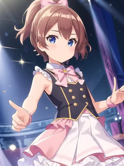 best quality, (masterpiece:1.2), highly detailed, (masterpiece), (illustration),
standing, stage, on stage, stage lights, neon lights, night, upper body, face, face focus,
white shirt, pink skirt, sleeveless, frills,
1girl, solo, brown hair, short hair, bow, sparkle, bangs, hair bow, lens flare, ponytail, blue eyes, flat chest,
shy, blush, (looking at viewer),
<lora:Chinatsu:0.7>