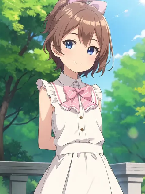 best quality, (masterpiece:1.2), highly detailed, (masterpiece), (illustration),
standing, outdoor, day, street, upper body, face, face focus,
(arms behind back),
white shirt, pink skirt, sleeveless, frills, button,
1girl, solo, brown hair, short hair, bow, sparkle, bangs, hair bow, lens flare, ponytail, blue eyes, flat chest,
shy, blush, (looking at viewer), smile,
<lora:Chinatsu:0.7>