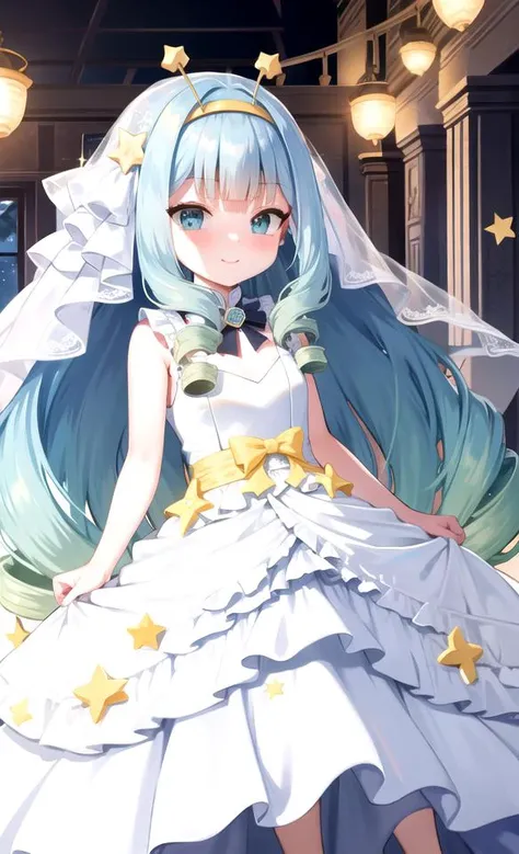 <lora:JellyHoshiumi_V2:0.7>, jelly hoshiumi, 1girl, solo, blush, smile, blue eyes, very long hair, blue hair, small breasts, (drill hair, blunt bangs, green hair), star (symbol), gradient hair, antennae, yellow bow, star hair ornament, yellow hairband, hair ornament, ((dynamic pose)), ((wedding)) translucent veil, (((pure white dress:1))), (((sleeveless)), (((wedding dress:1))), (wedding veil)