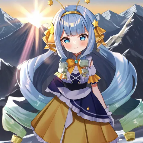 jelly hoshiumi, 1girl, 2D anime, solo, blush, smile, blue eyes, very long hair, blue hair, small breasts, drill hair, blunt bangs, green hair, star (symbol), gradient hair, antennae, star antennae, yellow bow, star hair ornament, yellow hairband, hair ornament BREAK
(wearing a parka), hiking, climbing mount Everest, mountain, snow, sunny day <lora:Jelly_Hoshiumi_XL:1>