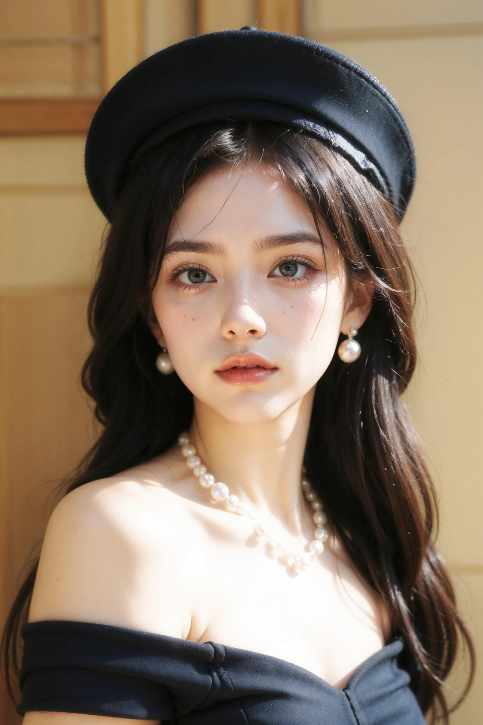 (RAW photo, best quality),(masterpiece:1.2),(realistic, photo-realistic:1.3),best quality,highres,extremely detailed CG,perfect lighting,8k wallpaper,Amazing,finely detail,ultra-detailed,highres,
1girl,solo,dress,gloves,black hair,long hair,(black dress:1.1),elbow gloves,hat,realistic,bare shoulders,looking at viewer,breasts,strapless,black eyes,lips,upper body,parted lips,strapless dress,black gloves,collarbone,simple background,pearl necklace,
<lora:æ³å
:0.5>,crystal_earrings,<lora:YA510:0.6>,