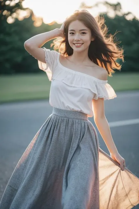 (8k,RAW photo,best quality,masterpiece:1.2),(realistic,photorealistic:1.4),ultra-high resolution,photon mapping,radiosity,((Hasselblad photography)),physics-based rendering,professional soft lighting,light in face,This scene should be shot on 35mm film,with a nice depth of field and a slightly blurred,nostalgic background,film portrait photography,35mm film,filmg,<lora:FilmG2:0.6>,cowboy shot,bokeh:1.2,outdoors,1980s \(style\),vintage details,streetscape,1 teenage girl,fit,solo,(bright smile:1.3),(1980s dress,(long skirt:1.2)),(short sleeves,off shoulder:1.1),dynamic_pose,running,(medium_breasts),(flowing_hair),small_waist,(realistic_detailed_skin_texture:1.1),good_hands,fix,good_feet,<lora:faceA-05:0.6>,