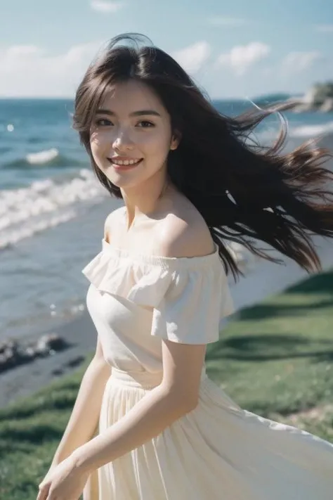 (8k,RAW photo,best quality,masterpiece:1.2),(realistic, photorealistic:1.4),ultra-high resolution,photon mapping,radiosity,((Hasselblad photography)),physics-based rendering,1980s \(style\),cowboy shot,from above,
1 girl,fit,solo,(bright smile:1.3),(1980s dress,(long skirt:1.2)),(short sleeves,off shoulder:1.1) (Short Sleeves,off shoulder:1.1) (Short Sleeves,off shoulder:1.1),dynamic pose,(flowing hair),(natural skin texture, realistic eye and face details:1.1),good hands,fix,good feet,<lora:faceA-05:0.6>,
outdoors,seaside,
professional soft lighting,light in face,This scene should be shot on 35mm film,with a nice depth of field and a slightly blurred,nostalgic background,film portrait photography,35mm film,filmg,<lora:FilmG2:0.6>,Bokeh:1.2,
