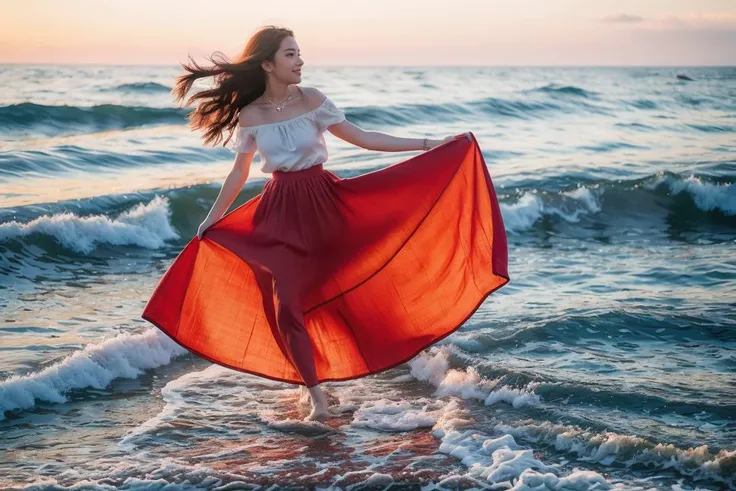(8k,RAW photo,best quality,masterpiece:1.2),(realistic, photorealistic:1.4),ultra-high resolution,photon mapping,radiosity,((Hasselblad photography)),physics-based rendering,(Velvia color:1.2),(full body:1.5),(long shot:2),
(The gorgeous evening glow is painting the sky into a dreamy red:1.1). A beautiful girl is joyfully running on the beach,holding up her long skirt with both hands. The waves are washing over her bare feet,and the sea breeze is blowing her long hair. The setting sun is illuminating her bright smile. This is a vibrant youth,this is a wonderful time of life.,
(1980s dress,(long skirt:1.2)),(short sleeves,off shoulder:1.1),(natural skin texture, realistic eye and face details:1.1),good hands,fix,good feet,<lora:faceA-05:0.4>,necklace,
professional soft lighting,light in face,This scene should be shot using a 200mm telephoto lens on a 35mm film,with a nice depth of field and a slightly blurred,nostalgic background,film portrait photography,35mm film,filmg,<lora:FilmG2:0.6>,Bokeh:1.2,
