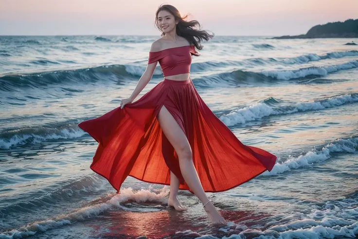 (8k,RAW photo,best quality,masterpiece:1.2),(realistic, photorealistic:1.4),ultra-high resolution,photon mapping,radiosity,((Hasselblad photography)),physics-based rendering,(High dynamic range, vivid and highly saturated colors, accurate color reproduction.:1.4),(full body:1.5),(long shot:2),(dutch angle:1.2),from below,(solo:2),
(The gorgeous evening glow is painting the sky into a dreamy red:1.1). A beautiful girl is joyfully running on the beach,holding up her long skirt with both hands. The waves are washing over her bare feet,and the sea breeze is blowing her long hair. The setting sun is illuminating her (bright smile:1.2). This is a vibrant youth,this is a wonderful time of life.,
(1980s dress,(long skirt:1.2)),(short sleeves,off shoulder:1.1),(natural skin texture, realistic eye and face details:1.1),(A slender figure and long legs:1.5).good hands,fix,good feet,<lora:faceA-05:0.6>,
professional soft lighting,light in face,This scene should be shot using a 200mm telephoto lens on a 35mm film,with a nice depth of field and a slightly blurred,nostalgic background,film portrait photography,35mm film,filmg,<lora:FilmG2:0.6>,Bokeh:1.2,