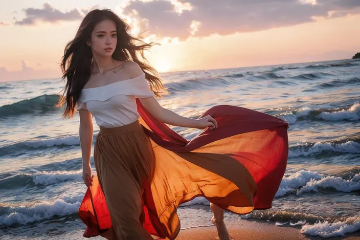 (8k,RAW photo,best quality,masterpiece:1.2),(realistic, photorealistic:1.4),ultra-high resolution,photon mapping,radiosity,((Hasselblad photography)),physics-based rendering,(Velvia color:1.2),(full body),(long shot:1.5),
(The sun is setting into the sea, and the evening glow and fiery clouds are painting the sky into a (dreamy red)). A beautiful girl is running on the beach, holding up her long skirt with both hands. The waves are washing over her bare feet, and the sea breeze is blowing her long hair. This is a vibrant youth, this is a wonderful time of life.
layered jewelry,(1980s dress,(long skirt:1.2)),(short sleeves,off shoulder:1.1) (Short Sleeves,off shoulder:1.1) (Short Sleeves,off shoulder:1.1),(natural skin texture, realistic eye and face details:1.1),good hands,fix,good feet,<lora:faceA-05:0.6>,
professional soft lighting,light in face,This scene should be shot on 35mm film,with a nice depth of field and a slightly blurred,nostalgic background,film portrait photography,35mm film,filmg,<lora:FilmG2:0.6>,Bokeh:1.2,