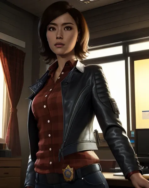 yuriko,brown hair,brown eyes,
red flannel shirt,leather jacket,jeans,
standing,upper body,
police station,desk,indoors,
(insanely detailed, beautiful detailed face,beautiful detailed eyes, masterpiece, best quality),solo,<lora:yurikowatanabe:0.8>,