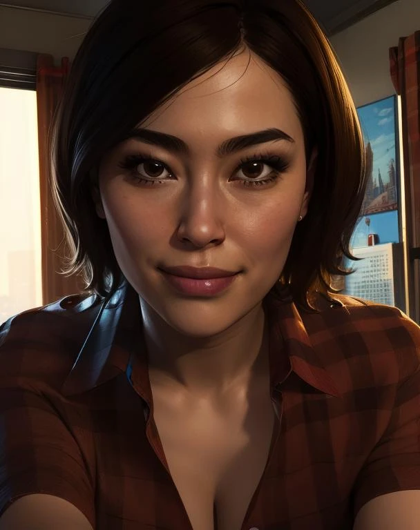 yuriko,brown hair,brown eyes,smile,
red flannel shirt,
sitting,new york,cleavage,
police station,desk,indoors,
(insanely detailed, beautiful detailed face,beautiful detailed eyes, masterpiece, best quality),solo,<lora:yurikowatanabe:0.8>,