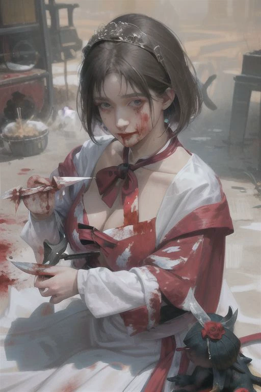 masterpiece, ((masterpiece, top quality)), best quality,1girl, looking at viewer, black hair, flower, candle, ((((lot of blood)))), solo, bone, weapon, sitting, (((doll))), (((guro))), skull, skeleton, thai uniform, ((((horror)))), (night theme), (((realistic))), ((big breasts)), ((((show breasts)))), (((holding a knife))), (((perfect face))), ((((realistic face)))), ((perfect eyes)), perfect mouth, perfect tity, (((short hair))), ((((Bloodstained clothes)))), (((open chest))), ((((horror background)))), (((open shirt))), night time, dark night, light shines on the body
