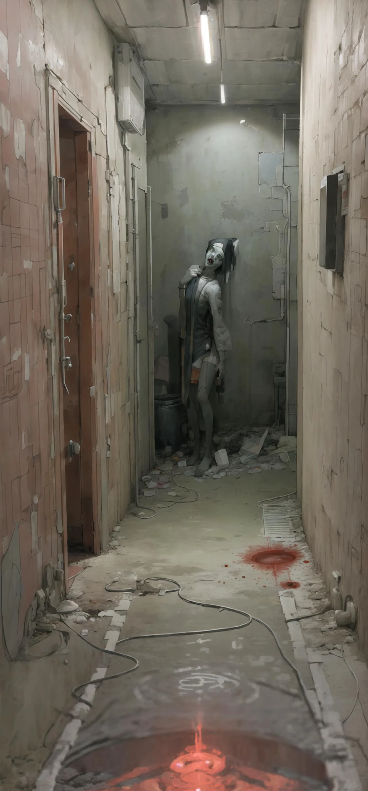 (masterpiece, top quality, best quality), (horror (theme):1.3), masterpiece,(masterpiece, top quality, best quality, (scenery), (no humans), indoor, night, old apartment corridor, hallway, door, dark, Peeling wall skin, Rusty sewer pipes, Figure on the wall, blood on wall, Garbage scattered on the floor,