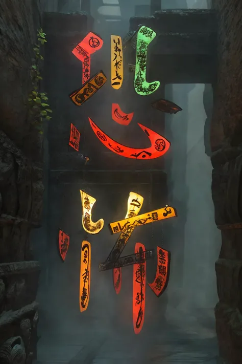 (Masterpiece, Best Quality, Official Art, Detailed, Epic Lighting), 8k, BREAK, Font Art, 3D, HORROR (THEME), (Grafted: 1.3), (Red Theme: 1.6), (No Humans), NIGHT, Runes, Lanterns, The