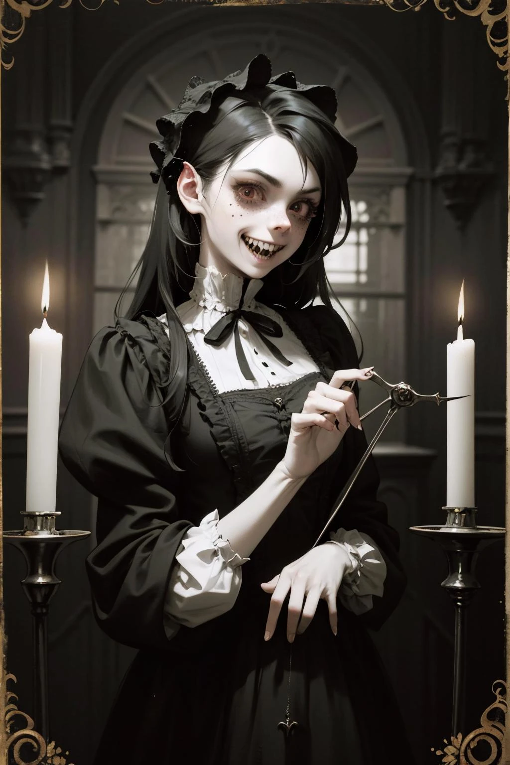 a gothic victorian vampire. dark candlelit room. (teeth:1.6) , kkw-skin-det-all_checkpoint_skin_detail_-_skin_detail_v1.0, overalldetail-detail_++_-_overall_detail , cotton dress