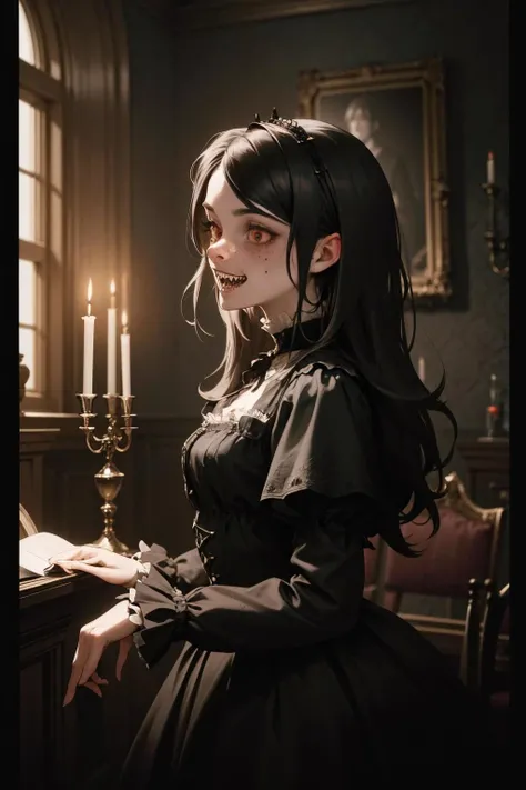 a gothic victorian vampire. dark candlelit room. (teeth:1.6)  ,  kkw-skin-det-all_checkpoint_skin_detail_-_skin_detail_v1.0,  overalldetail-detail_++_-_overall_detail , cotton dress