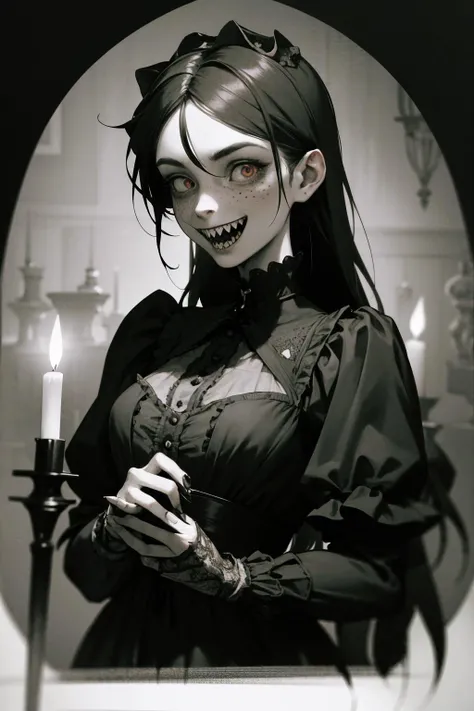 a gothic victorian vampire. dark candlelit room. (teeth:1.6)  ,  kkw-skin-det-all_checkpoint_skin_detail_-_skin_detail_v1.0,  overalldetail-detail_++_-_overall_detail , cotton dress