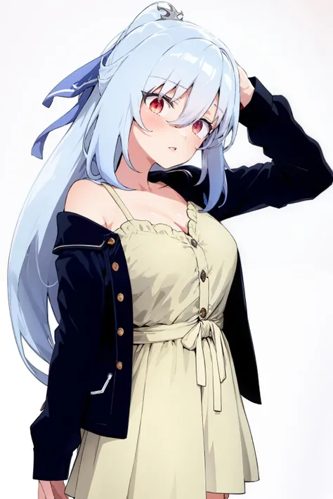 masterpiece, best quality, <lora:jingliu-mver-000008:1>,<lora:style04:1>,jingliu, 1girl, solo, long hair, shirt, white shirt, red eyes, looking at viewer, ponytail, long sleeves, breasts, bangs, very long hair, collarbone, parted lips, naked shirt, white background, cowboy shot, arm behind head, dress shirt, collared shirt, red nails, nail polish, hair between eyes, arm up, simple background, white hair, pocket, blush, sleeves past wrists, standing, blue hair, grey hair, off shoulder, cleavage